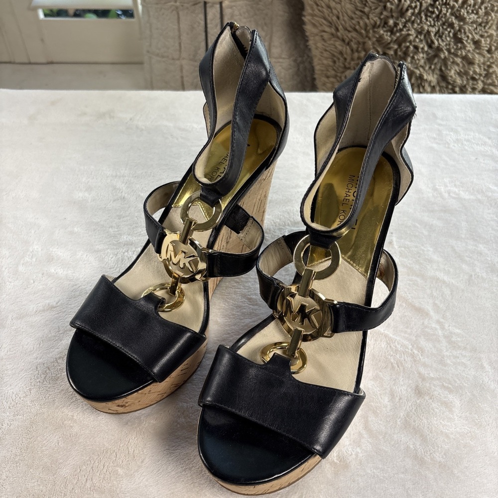 MICHAEL KORS Hyden Wedge Leather Sandals Sz US 8 Black 4" shoes heels
